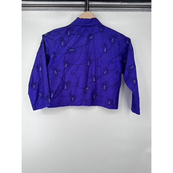 Vintage Chicos Cardigan Silk 1 Medium Blue Embroidered Lightweight Shell  Button - Picture 7 of 9